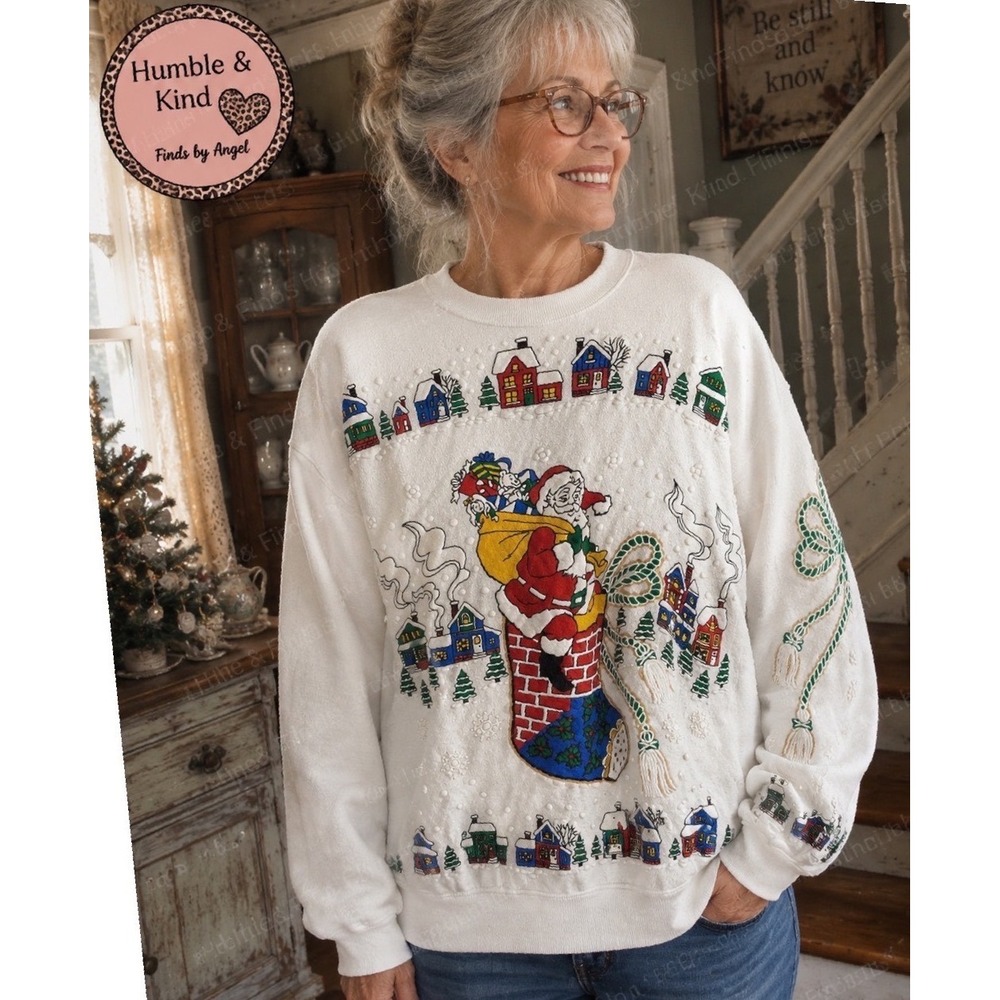 Holiday Time Christmas Sweatshirt Santa Village 22W White Puffy Print Vintage